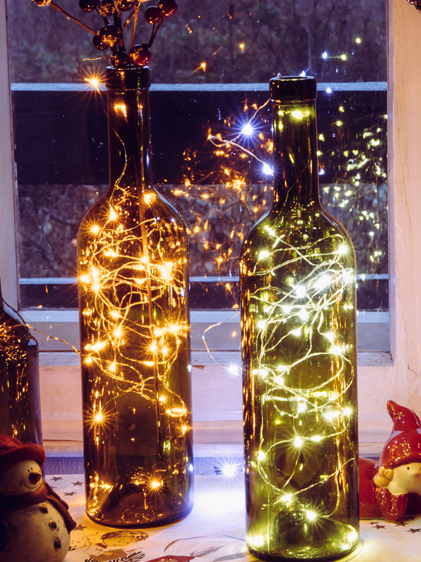 Bouteille en verre décorée lumineuse peinte à la main bouteille