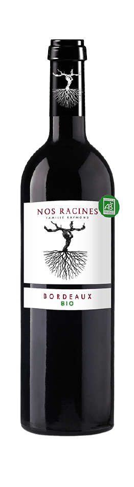 Bouteille de vin rouge AOC Bordeaux Bio « nos racines famille raymond », millésime 2022 — vignoble Bordeaux