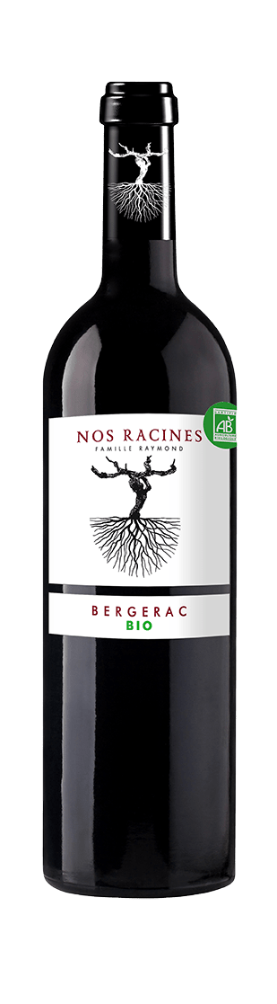 Bouteille de vin rouge AOC Bergerac Bio « Nos Racines Famille Raymond », millésime 2022 — vignoble Sud-ouest