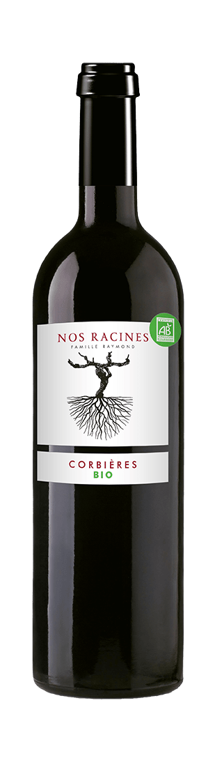 Bouteille de vin rouge AOC Corbières Bio « Nos Racines Famille Raymond », millésime 2022 — vignoble Languedoc