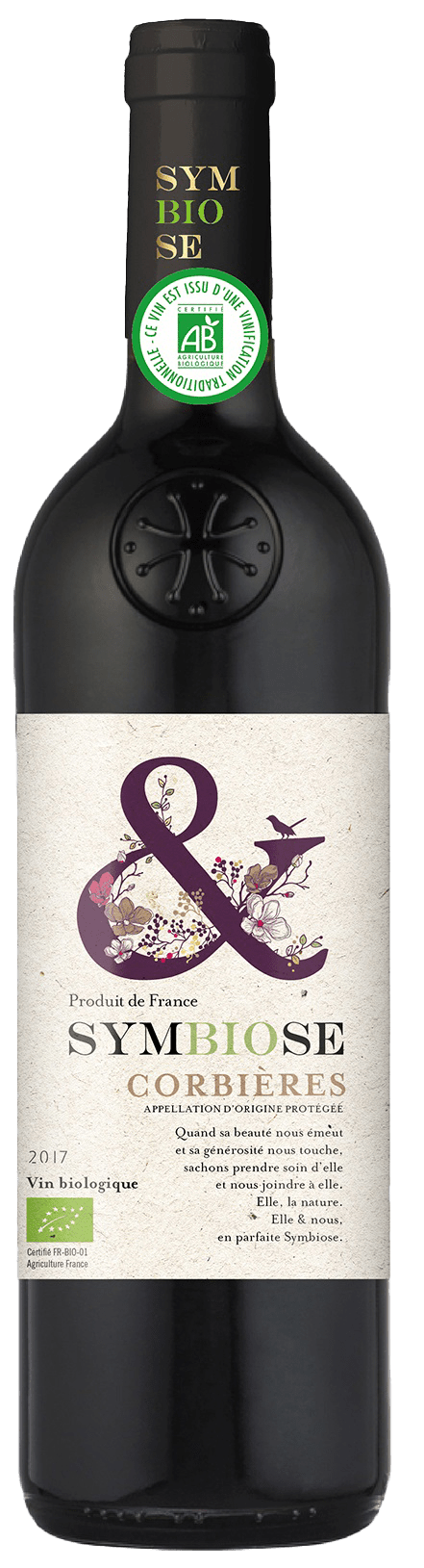 Bouteille de vin rouge AOP Corbières Bio « Symbiose », millésime 2022 — vignoble Languedoc