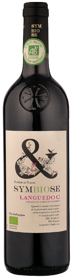 Bouteille de vin rouge AOP Languedoc Bio « symbiose », millésime 2022 — vignoble Languedoc