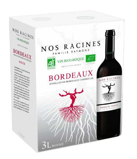 Bouteille de vin rouge AOC Bordeaux Bio « nos racines famille raymond », millésime 2022 — vignoble Bordeaux