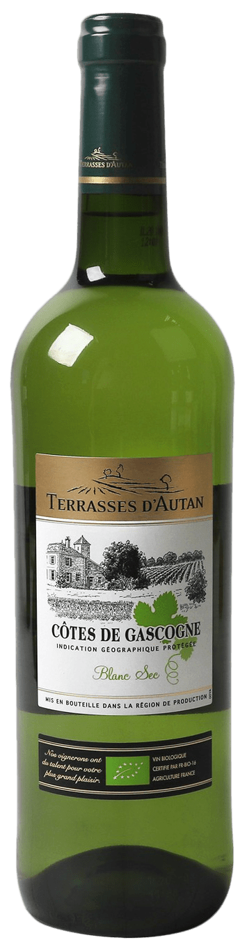 Bouteille de vin blanc IGP Côtes De Gascogne blanc sec Bio « terrasses d'autan », millésime 2022 — vignoble Sud-ouest