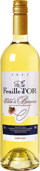 Bouteille de vin blanc AOP Côtes De Bergerac Moelleux « La Feuille D’or », millésime 2023/2024 — vignoble Sud-ouest
