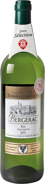 Bouteille de vin blanc AOP Bergerac Sec « Terrasses D’autan », millésime 2023/2024 — vignoble Sud-ouest