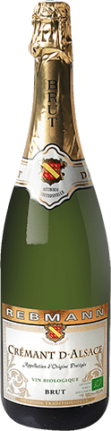 Bouteille de vin effervescent AOP Crémant D’alsace Brut Bio « Rebmann », millésime 2025/2026